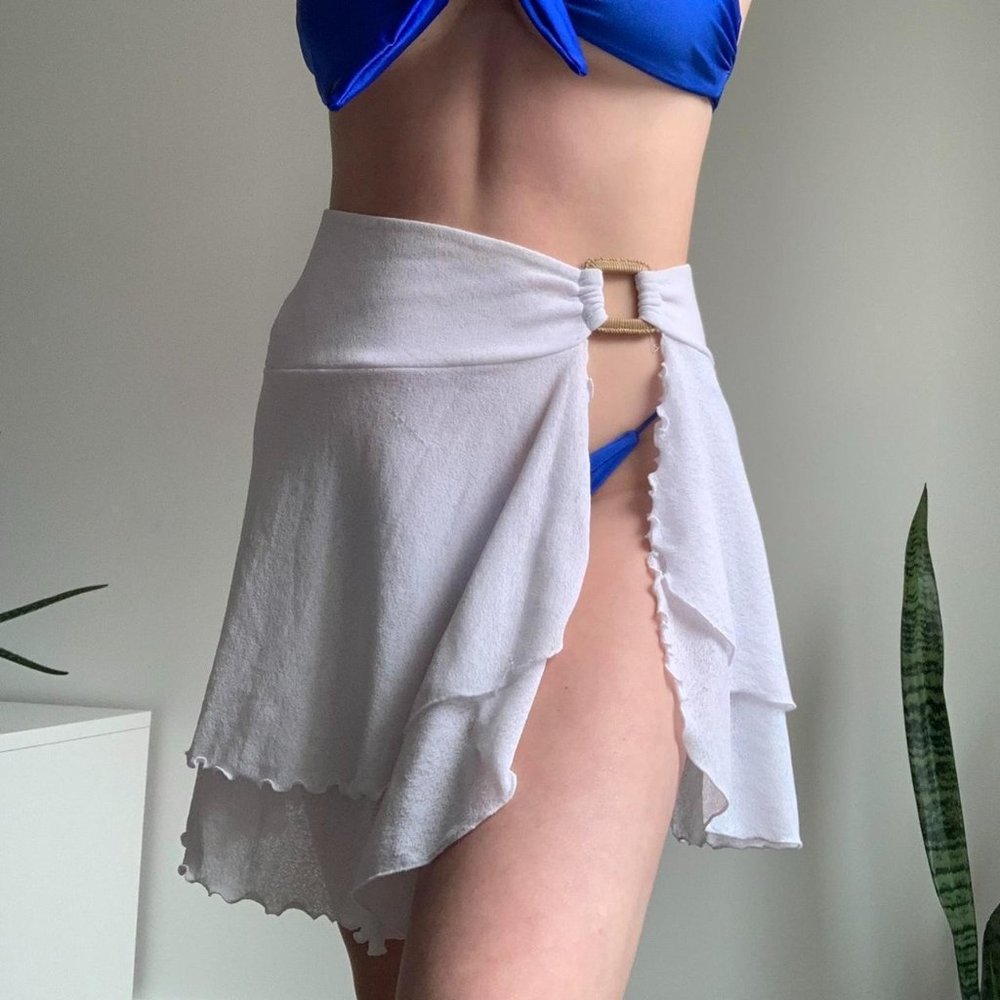 White Mini Skirt Bikini Coverup with Lettuce Hem - Picture 2 of 4